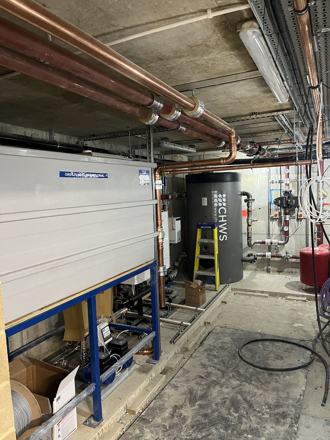 Central plant room — buffer vessel and CHWS cylinder
